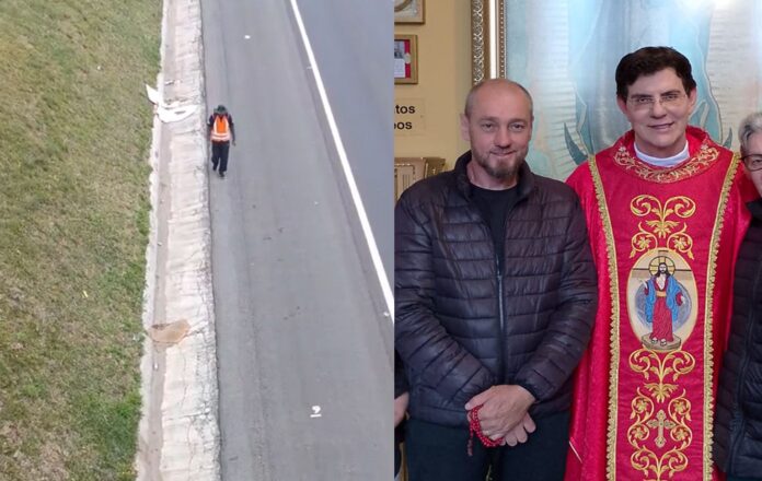 peregrinação a pé até Curitiba - Marcos Aurélio caminhando Marcos Aurélio caminhando à beira da rodovia